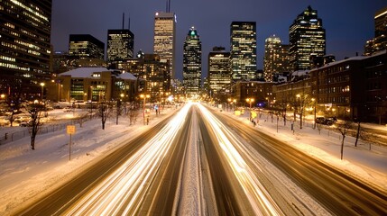 Obraz premium Winter night traffic flow montreal cityscape photography urban environment long exposure viewpoint dynamic movement