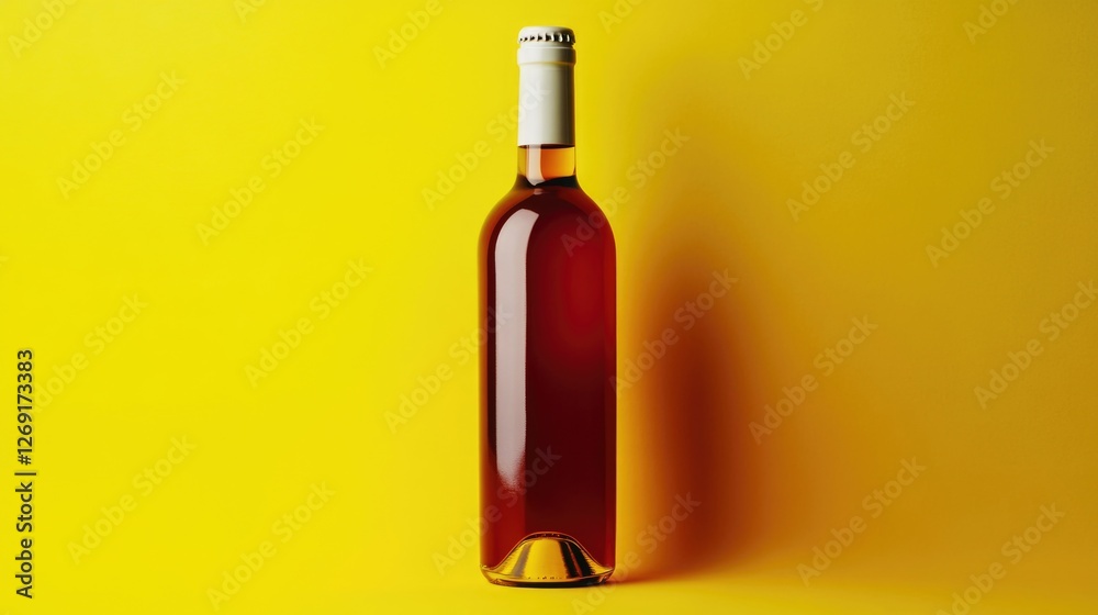 Poster a single serving of wine placed on a bright yellow surface, ready for consumption