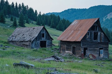 Cozy wooden structures perched atop a grassy hill, perfect for rustic scenery or landscape photography