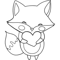 Cute fox character holding a heart. outline for coloring .