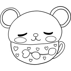 Cute bear character sipping from a heart-patterned cup. outline for coloring .