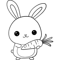 Cute bunny holding a carrot in a simple black and white illustration. outline for coloring .