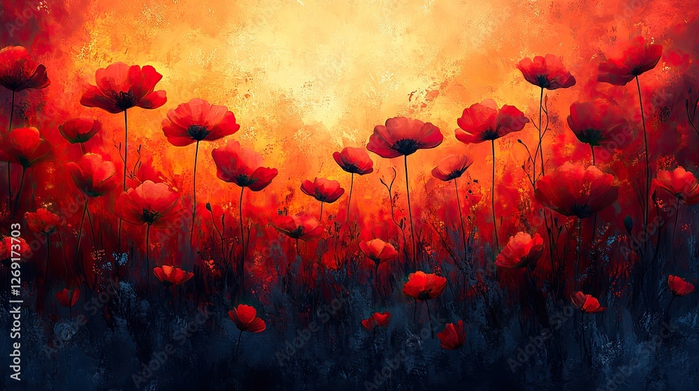 Poster Vibrant field of red poppies against a glowing orange sunset, creating a serene and colorful landscape