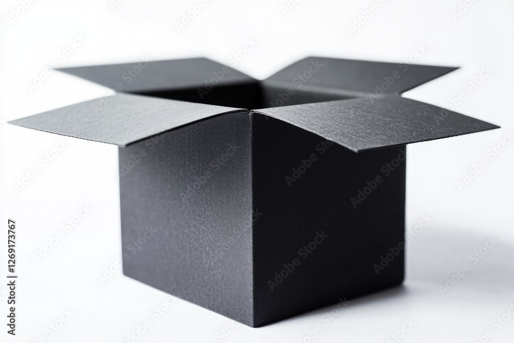 Poster a close-up shot of an open black box on a white surface