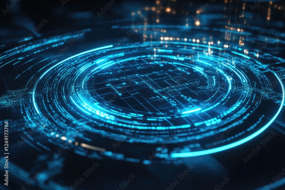 Poster a futuristic blue circle surrounded by lines and dots, suitable for sci-fi or technology-related des