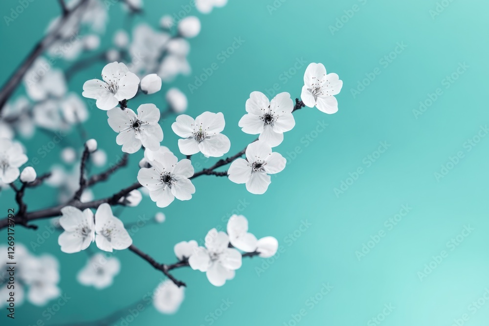 Poster a close-up shot of a tree branch covered in white flowers, perfect for use in spring or nature-theme