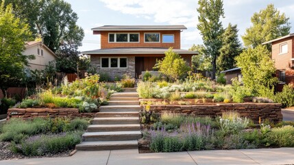Fototapeta premium A striking front yard rock garden with multi-layered stone terraces and a mix of evergreen plants.
