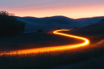 A photo of a winding road at sunset with a long exposure effect