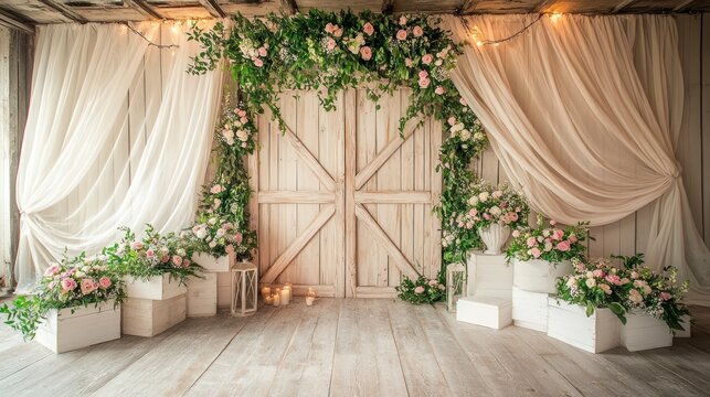 Elegant Rustic Wedding Backdrop with Wooden Barn Doors and Drapes Adorned with Floral Arrangements for Celebrations
