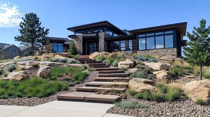 Fototapeta premium A striking front yard rock garden with multi-layered stone terraces and a mix of evergreen plants.