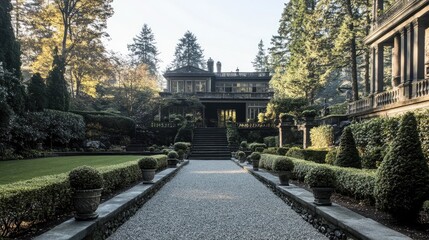 A structured rock garden with tiered stone levels, sculpted hedges, and a polished gravel walkway.