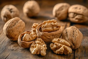 A pile of walnuts on top of a wooden table, ideal for food styling or as a prop in your photography project