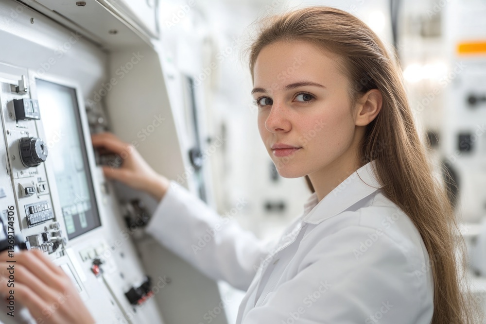 Aufkleber A woman in a lab coat working on a machine in a laboratory setting