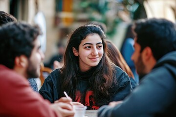A group of people seated at a table discussing or socializing