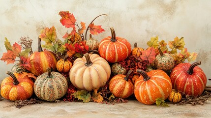 Autumn Harvest Pumpkins Gourds Fall Leaves Thanksgiving Decor Festive Seasonal Photography Still Life Colorful Orange Yellow Cream Rustic Background  