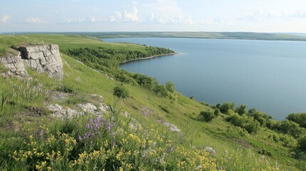 Obraz premium Hilltop view of lake, wildflowers, and grassland