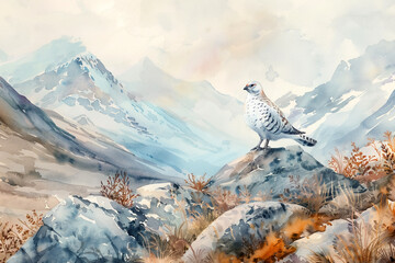 serene watercolor scene of bird perched on rock in mountainous landscape, showcasing nature beauty and tranquility