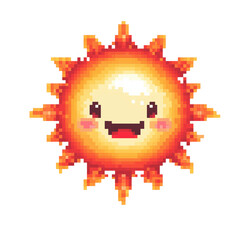 Fototapeta premium Pixel art of a red shining sun with a smiley face and simple, cheerful expression, the design is crisp and pixel perfect , clearly visible. Pixel art of shining sun. Summer pixel element.