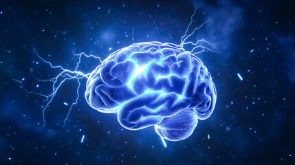 Brainstorm: A glowing blue brain emitting powerful energy in a cosmic expanse.