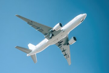 Obraz premium Airliner soaring through clear blue skies, ideal for travel or aviation-related concepts