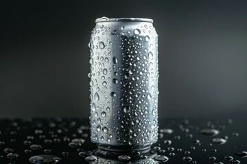Aluminum beverage can with cold water droplets. AI image