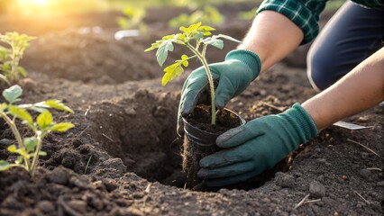 Hands in green gardening gloves planting a tomato seedling into fertile soil