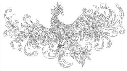 Ornate Phoenix Design, Detailed Line Art