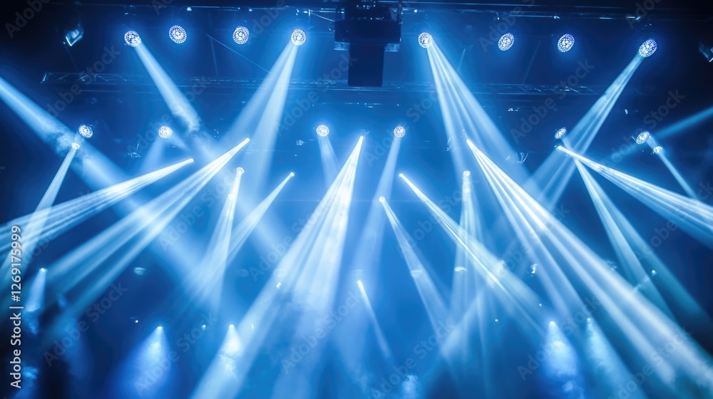 Poster a stage setup with blue and white lights and spotlights, ready for a performance