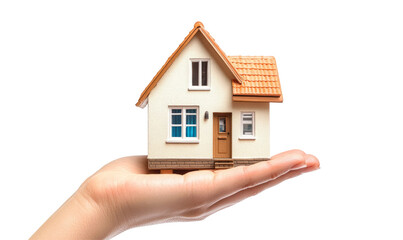 Modern house held in a hand on transparent background 