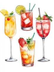 Set of cocktails, summer drinks watercolor clipart. Vector illustration on white background