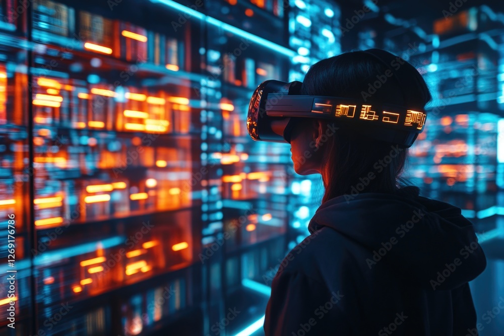 Poster a woman wears a virtual reality headset while working in a data center