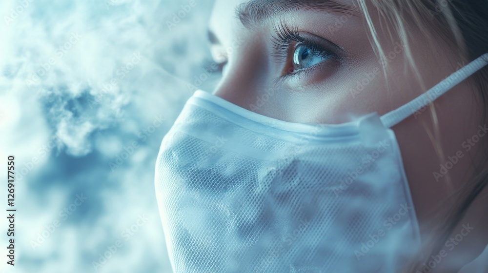 Poster a close-up shot of a person wearing a face mask, useful for depicting anonymous individuals or conve