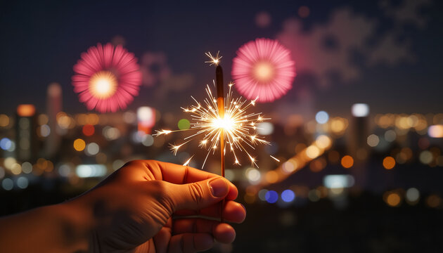 Excited hand holding sparkler during fireworks display, festive celebration