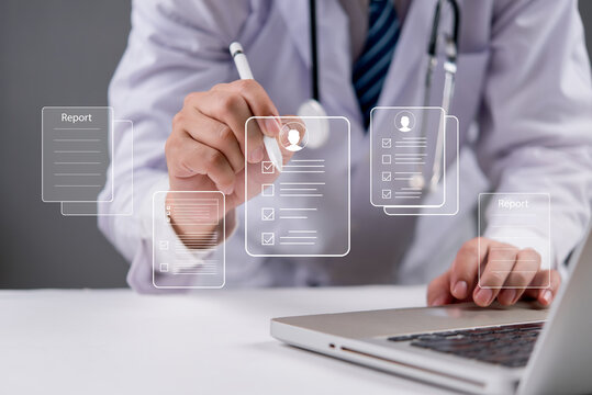 Healthcare provider managing electronic medical records, physician using digital report patient database, virtual health information system, medical technology concept