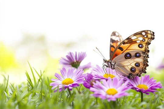 A butterfly perched on the petals of a purple flower