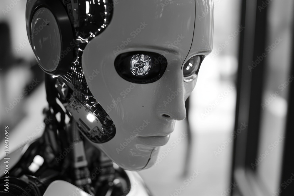 Poster a close-up view of a robot's head wearing headphones, suitable for tech-related concepts or futurist