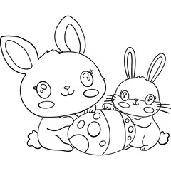 Easter Theme, Two cute bunnies with an Easter egg in a playful scene. outline for coloring .