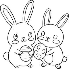 Easter Theme, Two cute bunnies holding Easter eggs in a playful pose. outline for coloring .