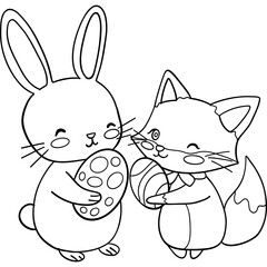 Easter Theme, Cute bunny and fox holding decorated eggs in a playful scene. outline for coloring .