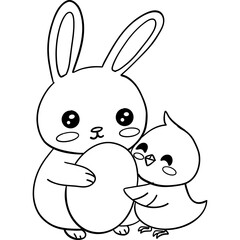 Easter Theme, Cute bunny and chick holding an egg together in a playful scene. outline for coloring .