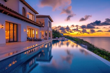 A large swimming pool located in front of a single-family house