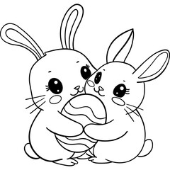 Easter Theme, Two cute rabbits holding a colorful Easter egg together. outline for coloring .