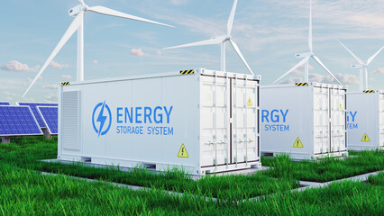 Energy storage systems with Solar farm and windmills. Battery container, renewable battery storage concept. 3d render