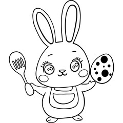 Easter Theme, Cute bunny holding a spatula and decorated egg. outline for coloring .