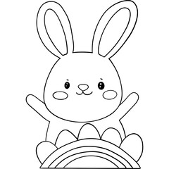 Easter Theme, Cute cartoon bunny with a rainbow and eggs, perfect for coloring. outline for coloring .