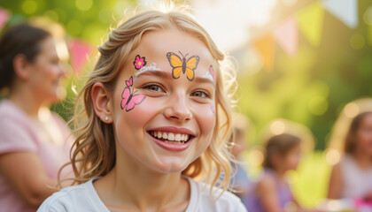 Delighted girl with butterfly face paint at backyard birthday party, joy