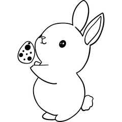 Easter Theme, Cute bunny holding a decorated egg in a simple line art style. outline for coloring .