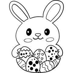 Easter Theme, Cute bunny holding decorated Easter eggs in a basket. outline for coloring .