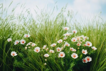 Fototapeta premium Colorful flowers growing in lush green grass