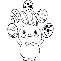 Easter Theme, Cute bunny juggling decorated Easter eggs. outline for coloring .